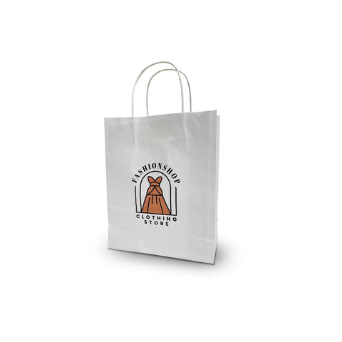 White Twist Handle Printed Paper Bags - Digital Print 180x85x230mm