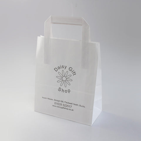 Small (7x3.5x8.5") White Custom Printed Paper Carrier Bags - Digital Print