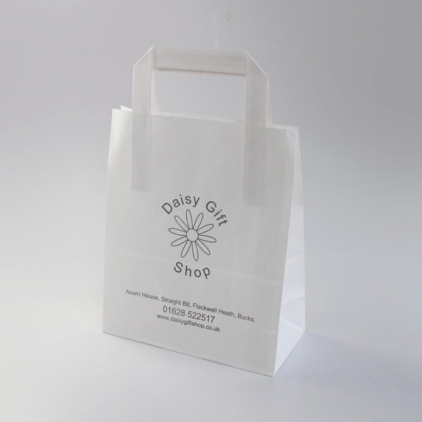 Small 7x3.5x8.5 White Custom Printed Paper Carrier Bags Digital P PackGenie